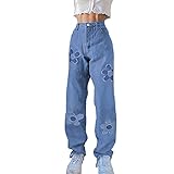 FOMOYUU Womens Loose Printed Jeans Y2K Straight Leg Wide Leg Pants Streetwear (Blue 1, L)
