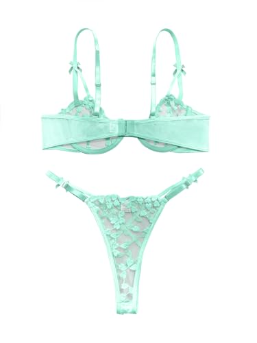 Image of Lilosy Sexy Underwire Cute Push Up Strappy Embroidered Mesh Sheer Lingerie Set See Through Panty Bra