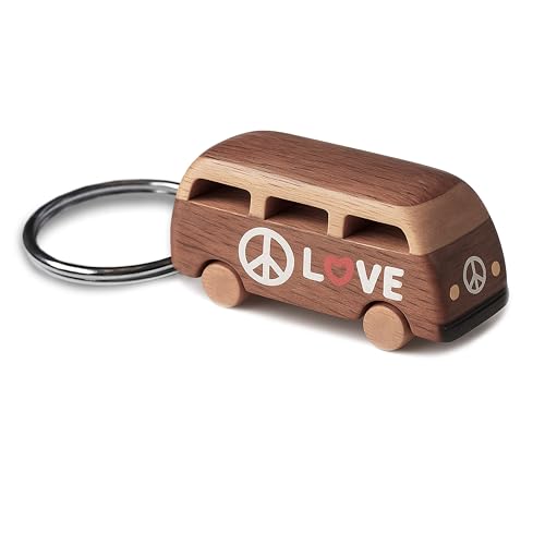 Porte-Clés Bus Hippie en Bois - Porte-Clef Combi Vintage avec Symbole de Paix et Inscription Love...