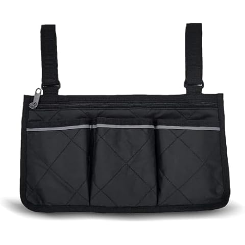Wheelchair armrest Storage Bag, Multi Mouth Side Pocket, Storage Bag with Reflective Strip, Baby Stroller Hanging Bag, Black 1pcs Cover