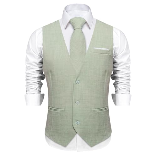 DiBanGu Mens Linen Suit Vest Casual Waistcoat and Necktie & Pre-tied Bowtie Set 6PCS Solid Color Dress Vest for Wedding Party2