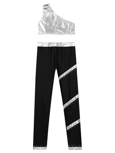 easyforever Kids Girls Sports Outfits Stripes Athletic Leggings+metallic Crop Top Vest With Dance Leotard Traacksuit Silver 6 Years4