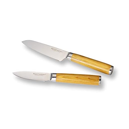 ECHTWERK Set di 2 coltelli Damasco, coltello Santoku ca. 13 cm/ pelaverdure ca. 8 cm, coltello da cucina, coltello giapponese, coltello per verdure, acciaio damasco, manici in legno Pakka