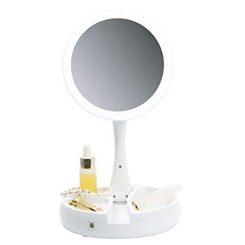 Preisvergleich Produktbild Peach Beauty Faltbarer Kosmetikspiegel mit LED Beleuchtung, Kompakter Faltbarer Schminkspiegel mit 1-Fach / 5-Fach Vergrößerung, USB Kabel