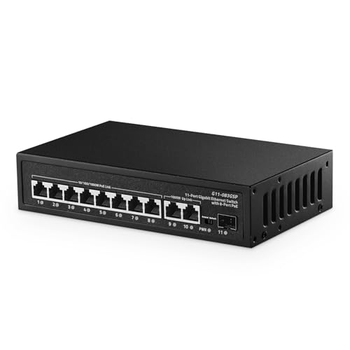 Image of 11 Port Gigabit POE Switch, 8 POE+ 1000Mbps, 2 Gigabit Uplink, 1 Gigabit SFP, IEEE802.3af /at, 135W Power Supply, Metal Case Unmanaged Plug and Play Binardat Ethernet Switch