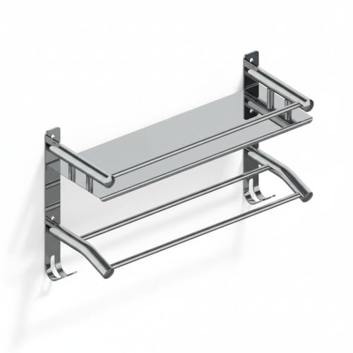 Image of Filox Premium Stainless Steel 1 Tier Bathroom Shelf Organizer | Wall Mount Bathroom Rack with Dual Towel Bar & Integrated Hooks | Multipurpose Kitchen Storage Stand & Towel Holder