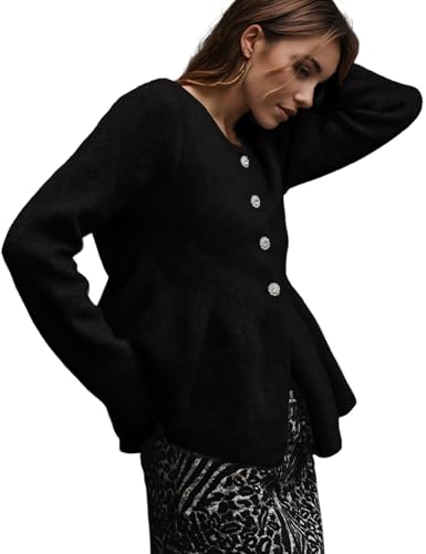 Image of Wyeysyt Womens Peplum Cardigan Sweaters Button Down Long Sleeve Ribbed Knit Vintage Cardigan Tops(Black-M)