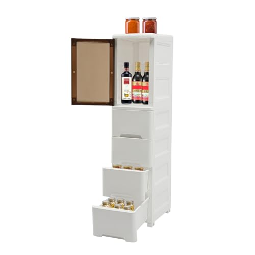 Wiyuer Armario de baño con cajones de polipropileno estrecho con 4 cajones y ruedas, 23 x 38 x 107 cm, pequeño armario para inodoro, armario nicho para baño, cocina, pasillo