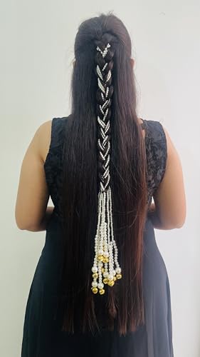 Image of Zippy Flora Mukta Pearl Parandi | Handmade Boho Traditional Paranda Hair Accessory with Pearl Embellishments & Ghoonghru | Women's Ethnic Hair Extension for Choti, Braids & Patiala Shahi Hairstyles
