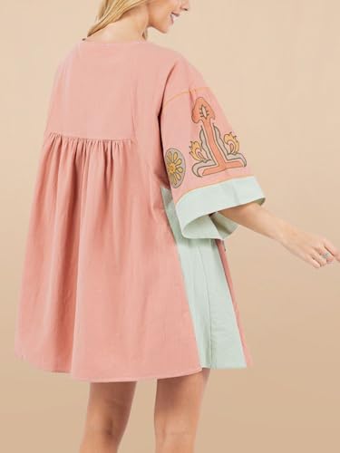 Image of Joiemont Womens Oversized Embroidered Dress with V-Neck and 3 /4 Sleeves Vintage Embroidery Babydoll Dress