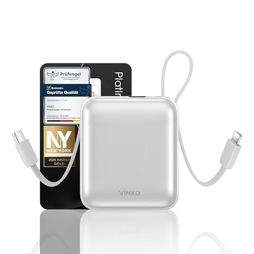 VINKO Small Power Bank with Built-in Cable,10000mAh Fast Charging Power Bank, 22.5W USB C Portable Charger, Mini Battery Pack for iPhone 16 15 14 13 Samsung Galaxy Google Android (White)
