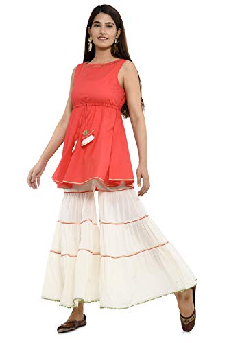 Voila Inc Women's Cotton Slub Coral Celosia Kurti-Sharara (VI017)