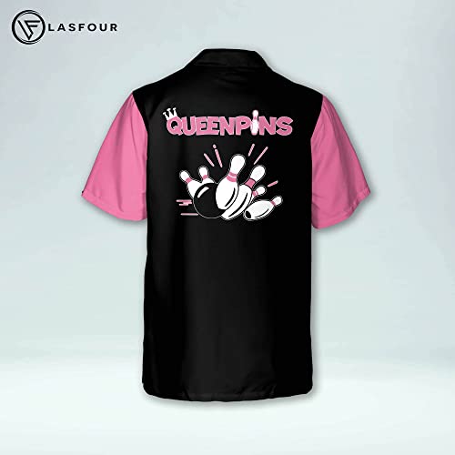 Lasfour Personalized Queen Pins Pink Bowling Shirts For Women Retro, Custom Short Sleeve Button Down Bowling Hawaiian Shirts For Girls, Womens Bowling Shirts Retro For Team #TOP2