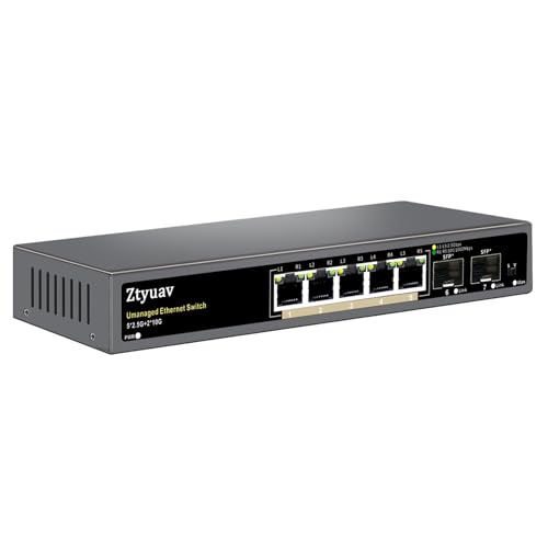Image of 7 Port Unmanaged 2.5G Ethernet Switch with 5 x 2.5G RJ-45 Base-T Ports, 2 x 10G SFP+, Ports Speed Auto-Negotiation-100 /1000 /2500Mbps, One-Key VLAN, Desktop /Wall Mount, Fanless & Metal