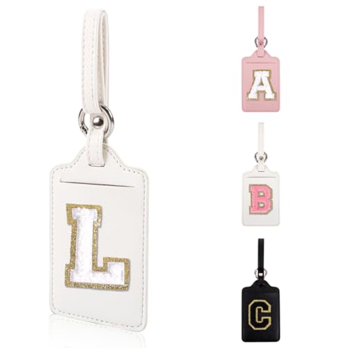 Personalized Initial Luggage Tags for Suitcases, Leather Chenille Letter Cute Luggage Tags with Privacy Name Card, Embroidered Travel Bag Backpack Tag Gifts for Women Kids Girls Teens(White-L)