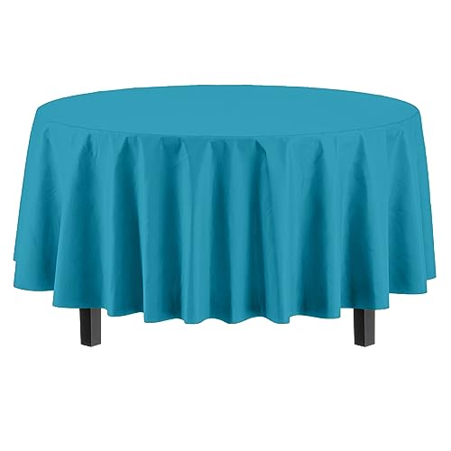 Image of Party Solids Turquoise Round Plastic Tablecloth - 84 Inch, Pack of 24