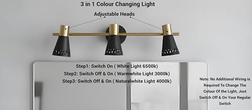 Image of FILLISKA 3 in 1 Double Wall spot /Picture /Display /Mirror Light with Adjustable Head and Colour Changing Function (3 Way Black & Gold-037)
