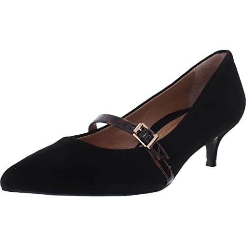 Vionic Women s Kit Minnie Mary Jane Heel - Ladies Kitten Heels with Concealed Orthotic Arch Support Black Suede Tortoise 7.5 Wide US