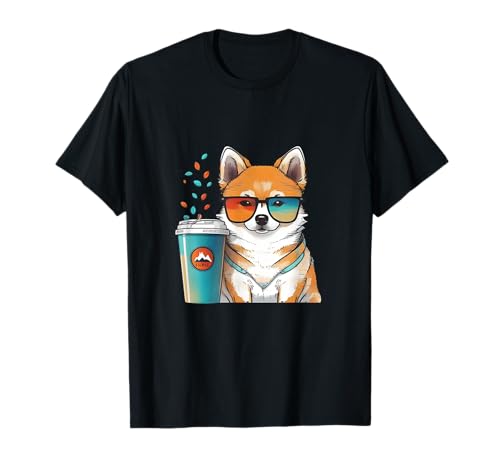 figuras chibis kawaii Shiba inu y taza de café perro Camiseta