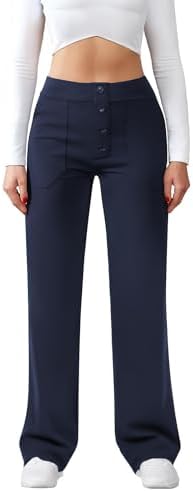 JEKAOYI Womens Casual High Waist Straight Leg Pants Stretchy Button Business Dress Work Pocket Trousers Navy Blue