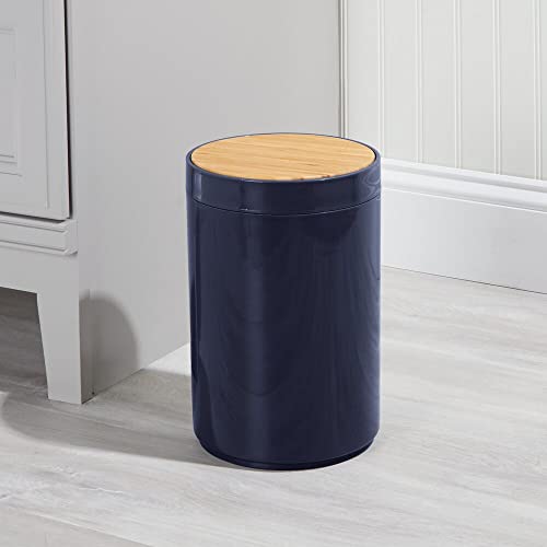 mDesign Small Round Plastic Trash Can Wastebasket, Garbage Bin Container w/Swing-Close Lid; Kitchen, Bathroom, Office, Bedroom; Holds Waste, Recycling,1.3 Gallon - Navy Blue/Natural - Image 2