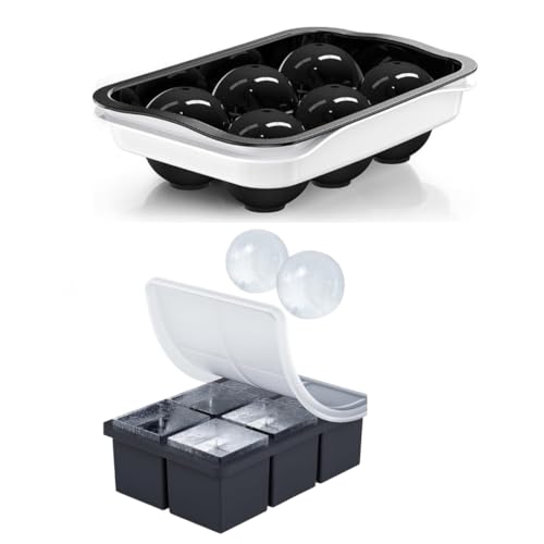 Image of SPRQCART Ice Cube Trays (Set of 2), Sphere Ice Ball Maker with Lid & Large Square Ice Cube Maker for Whiskey, Cocktails and Homemade, Keep Drinks Chilled (Square & Round Ice Cubes)