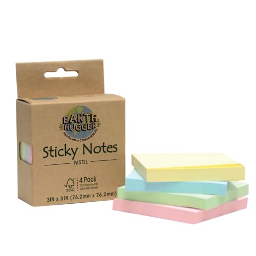 Earth Hugger Sticky Notes 3"x 3", 4 Pack, Pastel Assorted