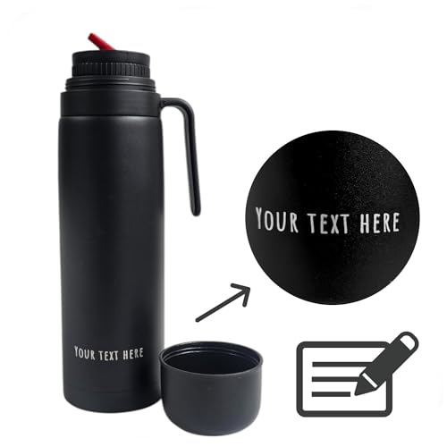 Mate Gaucho Bruno - Recipiente térmico para bebidas con pico vertedor de precisión, asa y tapa de rosca - Para bebidas frías y calientes - Acero inoxidable revestido en negro - 1 L personalizable