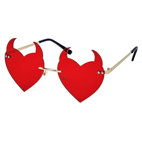 Zando Rimless Devil Horns Heart Sunglasses Halloween Rave Sunglasses Cosplay Accessories Demon Ear Heart Shaped Eyewear Cosplay Glasses Devil Costume Party Funny Glasses Demon Red