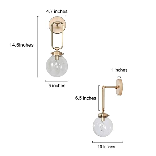 Image of KSANA Modern Gold Wall Sconce, 1-Light Sconce Wall Lighting with Globe Glass Shade Bedside Mounted Lamps Hardwired for Bathroom Hallway Entryway, 14.5 inch H