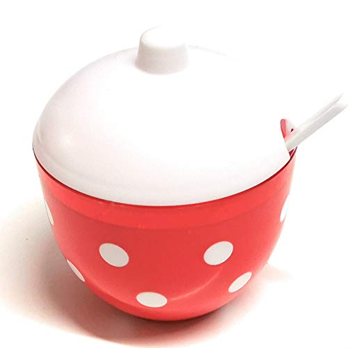 Berossi Zuckerdose mit Löffel Zuckertopf als Salzdose nutzbar im Retro Style | Zucker Dose mit Deckel aus Kunststoff | Marmeladendose im Set erweiterbar Salzfass Sugar Salt Bowl | gepunktet rot Cover