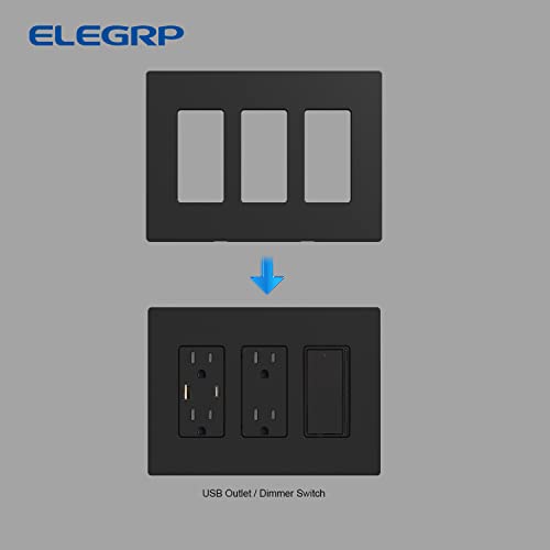 Elegrp 3 Gang Screwless Decorative Wall Plates, Mid-Size Unbreakable Thermoplastic Faceplate Cover For Decorator Receptacle Outlet Switch, Ul Listed (5 Pack, Matte Black) #TOP4
