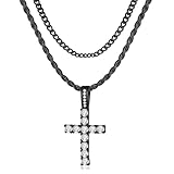 GEMOSA Cadena de cruz para hombre, chapado en oro de 14 quilates, chapado en plata maciza, circonita cúbica 5A+, acero inoxidable, cadena de eslabones cubanos, cadenas en capas de 40 a 60 cm, colgante