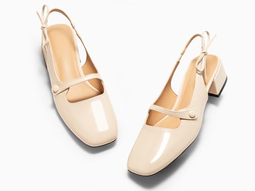 Image of Coutgo Womens Mary Jane Shoes Slingback Chunky Low Heels Bow Closed Square Toe Pumps Wedding Party Dress Shoes