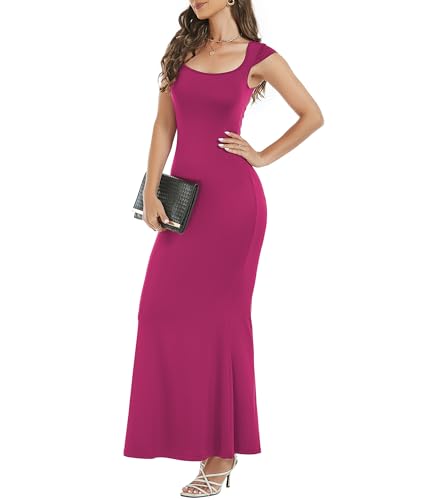 Image of Womens Summer Cap Sleeve Square Neck Elegant Casual Lounge Bodycon Slim Maxi Evening Party Long Dress