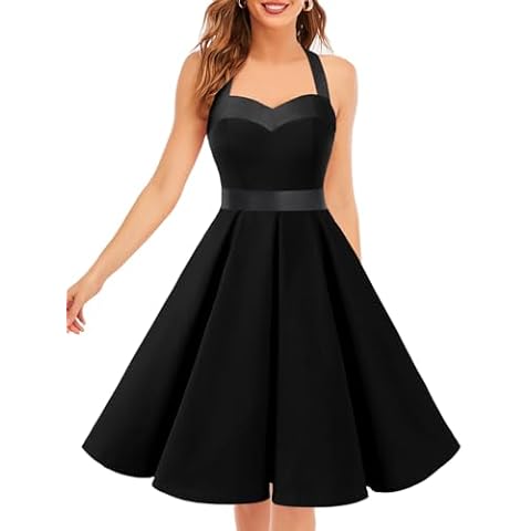 DRESSTELLS Vintage 1950s Cocktail Prom Dress for Women, Black 60s Retro Formal Wedding Tea Party Dress, Pinup Audrey Hepburn Halter Swing Dress Black M Cover