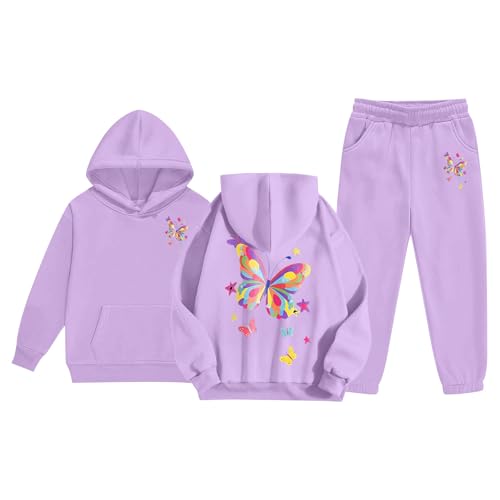 Generisch Sudadera con capucha para niña, conjunto con estampado de mariposas, cálido para niños, sudaderas con capucha, chándal para invierno, uso diario, deportes al aire libre, morado, 8-9 años