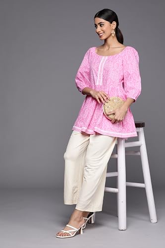 Image of Gerua Printed Cotton Blend A Line Kurti Suit Pink