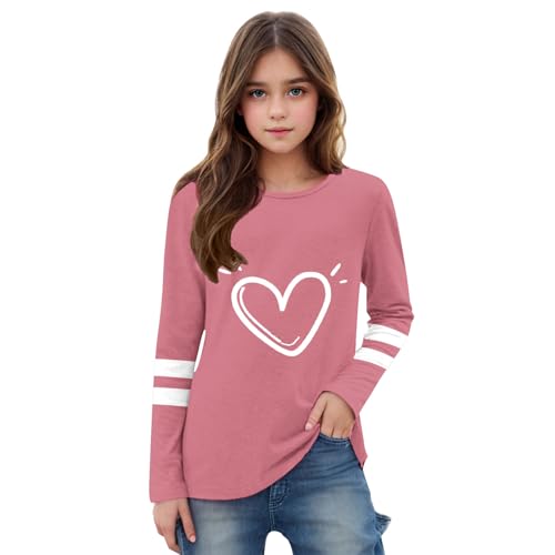 Langarmshirt Mädchen Herz Drucken Pullover Weich Bequemer Oberteil Basic Langarm T-Shirts Leichte Rundhalsausschnitt Unterhemd T Shirt Kinder Sommershirts Untershirt Casual Dünn Bluse Top 3-14 Jahre