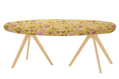 Image of The Furnishing Tree Elastic Cotton Oval Dining Table Cover 35x63 in Inches Floral Pink Rose on Yellow Base