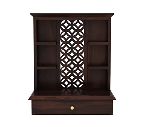 Image of Solid Sheesham Wood Temple for Home & Office /Mandir /God Stand /Pooja Stand /Home Mandap /Mandapam with Cabinet Doors & Multiple Storage /Shelf with Drawers (Walnut3, 20x15x28 inch)