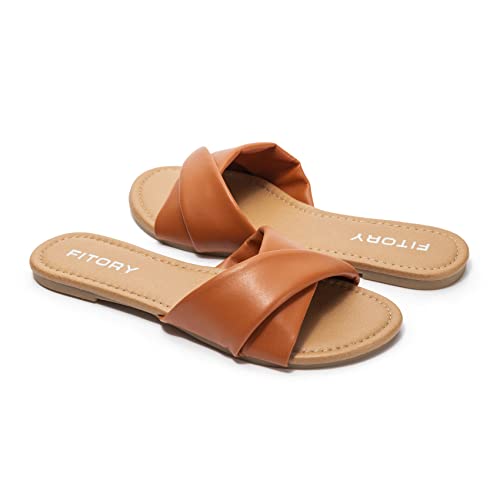 Image of FITORY Women's Flat Sandals Fashion Slides With Soft Leather Slippers for Summer Size 6-11