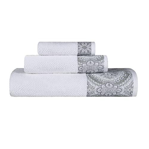 Superior Medallion 100% Turkish Cotton 530 Gsm Highly Absorbent 3-Piece Towel Set, Jacquard Towels, Decorative Design, 1 Bath, 1 Hand, And 1 Face Towel For Guest Or Master Bathroom, White/Silver #TOP19