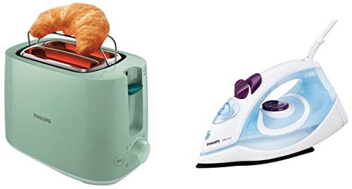 Image of Philips GC1905 1440-Watt Steam Iron with Spray (Blue) & HD2584 /60 830W 2 Slice Pop Up Toaster, Green