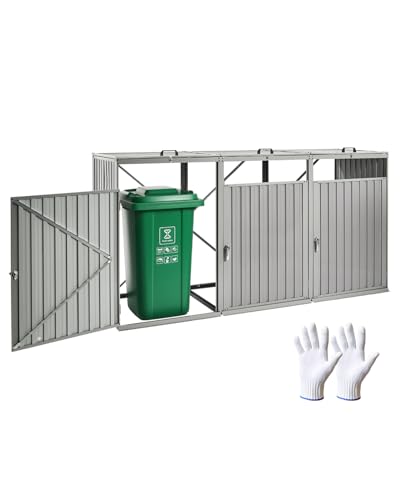 VEVOR Garbage Bin Storage Shed, Galvanized Steel Outdoor Trash Can Storage with Lockable Doors & Lids for 3 Trash Cans, Panels Pre-Assembled, Garbage Can Hider for Outside Garden Yard Backyard Patio