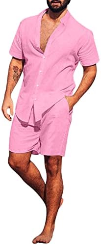 Mens 2 Piece Linen Outfit Stylish Casual Summer Tank Tops Shorts Sets Muscle Short Sleeve Shirt Suits D-Pink