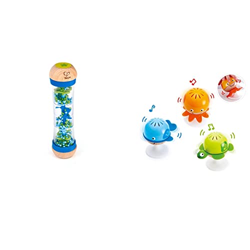 Hape E0328 - Blauer Regenmacher, Musikspielzeug, ab 0 Monaten & Saugknopf Rasselset DREI Wassertiere mit Beißringelementen | Lernspielzeug-Set für Babys