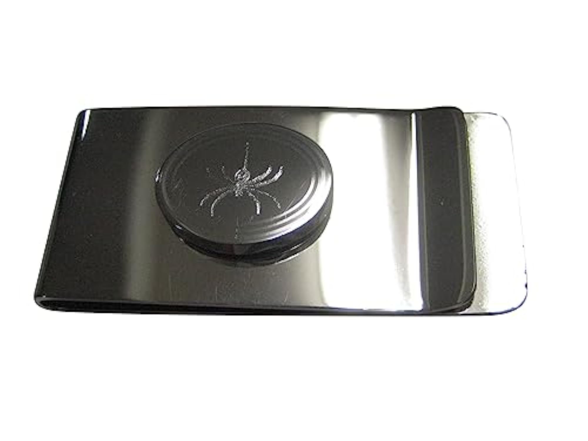Silver Toned Oval Etched Black Widow Spider Money Clip