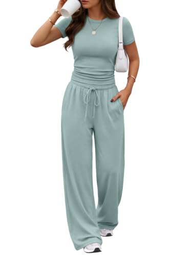 Image of Trendy Queen 2 Piece Matching Summer Lounge Set Womens Side Ruching Top Wide Leg Pants Sets with Pockets