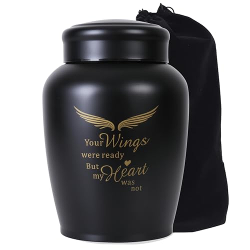 LINES ARTE Urns for Ashes Adult Male Dad/Father/Men/Female/Mom/Women,Large 8.6Inch Up to 180lbs Black Angel Keepsake Decorative Cremation Urns for Human Ashes